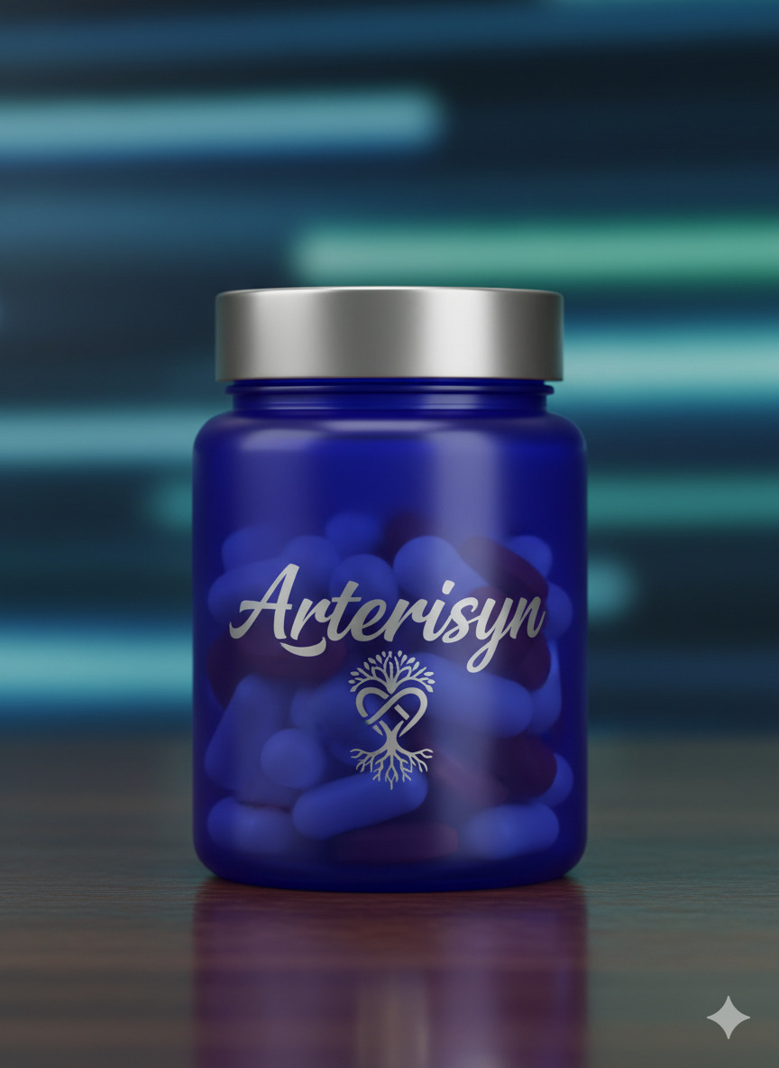 Arterisyn dietary supplement bottle with vitamins and plant extracts